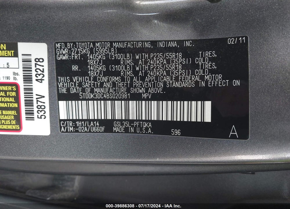 2011 TOYOTA SIENNA LIMITED VIN: 5TDDK3DC4BS020981