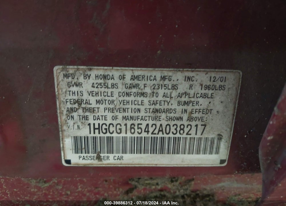 2002 HONDA ACCORD 3.0 EX VIN: 1HGCG16542A038217