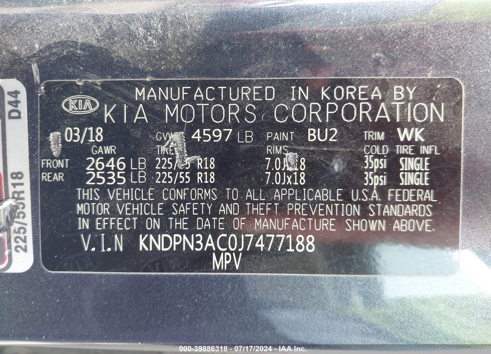 2018 KIA SPORTAGE EX VIN: KNDPN3AC0J7477188