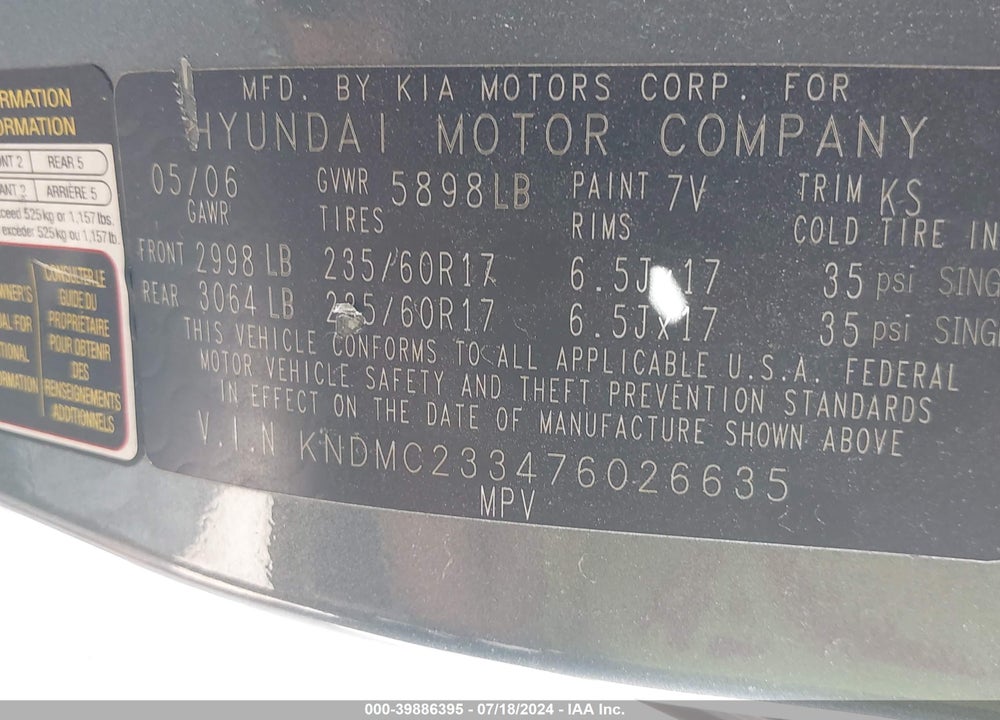 2007 HYUNDAI ENTOURAGE GLS/LIMITED/SE VIN: KNDMC233476026635