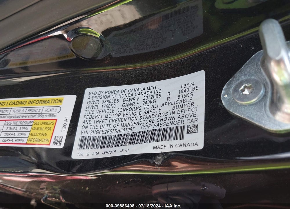 2025 HONDA CIVIC SPORT VIN: 2HGFE2F57SH501087