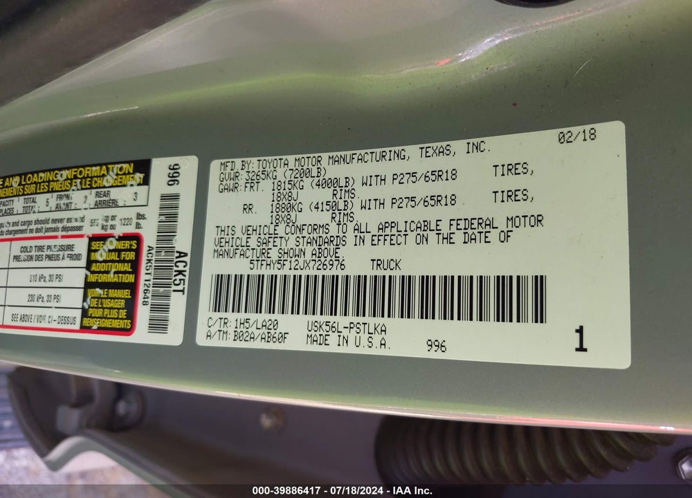 2018 TOYOTA TUNDRA LIMITED 5.7L V8 VIN: 5TFHY5F12JX726976