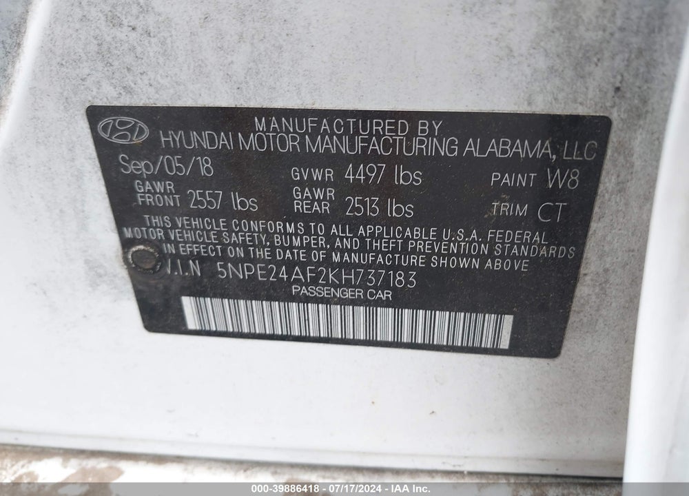 2019 HYUNDAI SONATA SE VIN: 5NPE24AF2KH737183