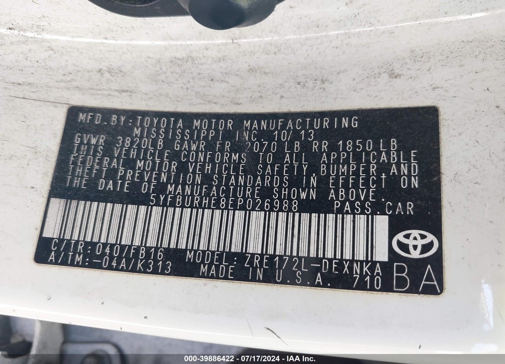 2014 TOYOTA COROLLA LE VIN: 5YFBURHE8EP026988