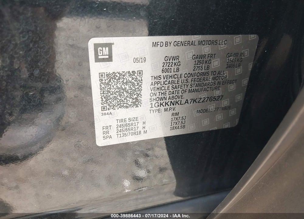 2019 GMC ACADIA SLE-1 VIN: 1GKKNKLA7KZ276527