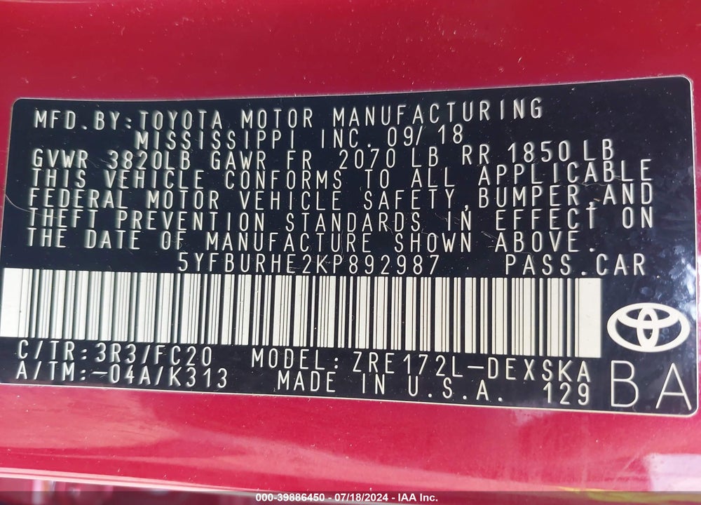 2019 TOYOTA COROLLA SE VIN: 5YFBURHE2KP892987