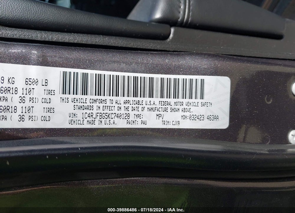 2019 JEEP GRAND CHEROKEE LIMITED 4X4 VIN: 1C4RJFBG5KC740128