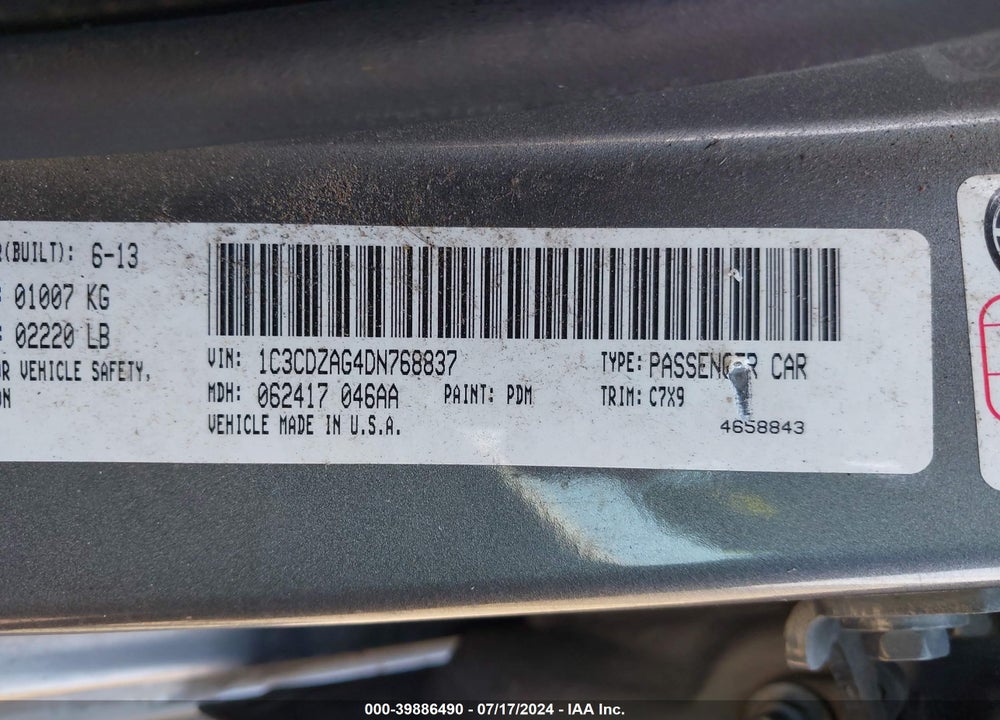 2013 DODGE AVENGER SE V6 VIN: 1C3CDZAG4DN768837