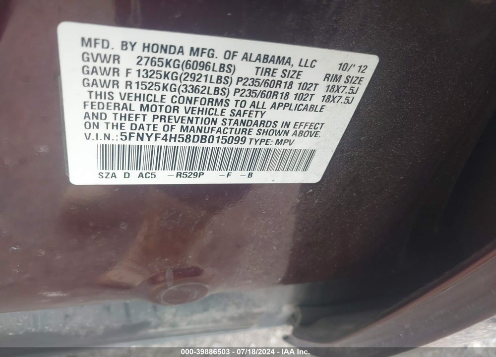 2013 HONDA PILOT EX-L VIN: 5FNYF4H58DB015099