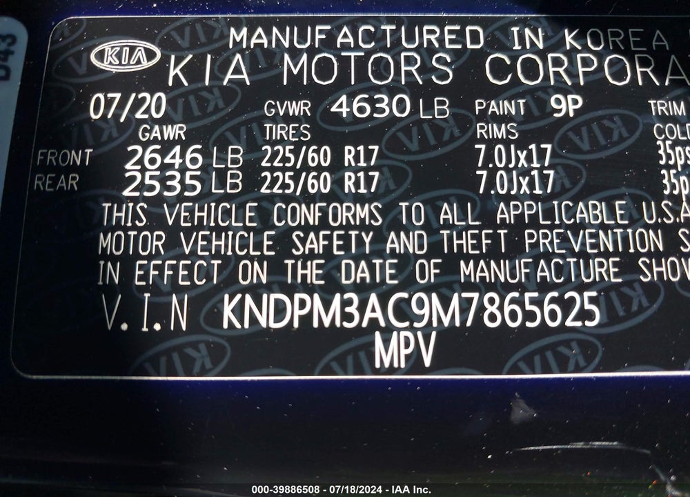2021 KIA SPORTAGE LX VIN: KNDPM3AC9M7865625