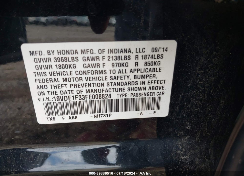 2015 ACURA ILX 2.0L VIN: 19VDE1F33FE008824