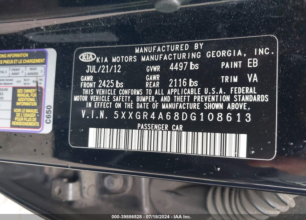 2013 KIA OPTIMA SX VIN: 5XXGR4A68DG108613
