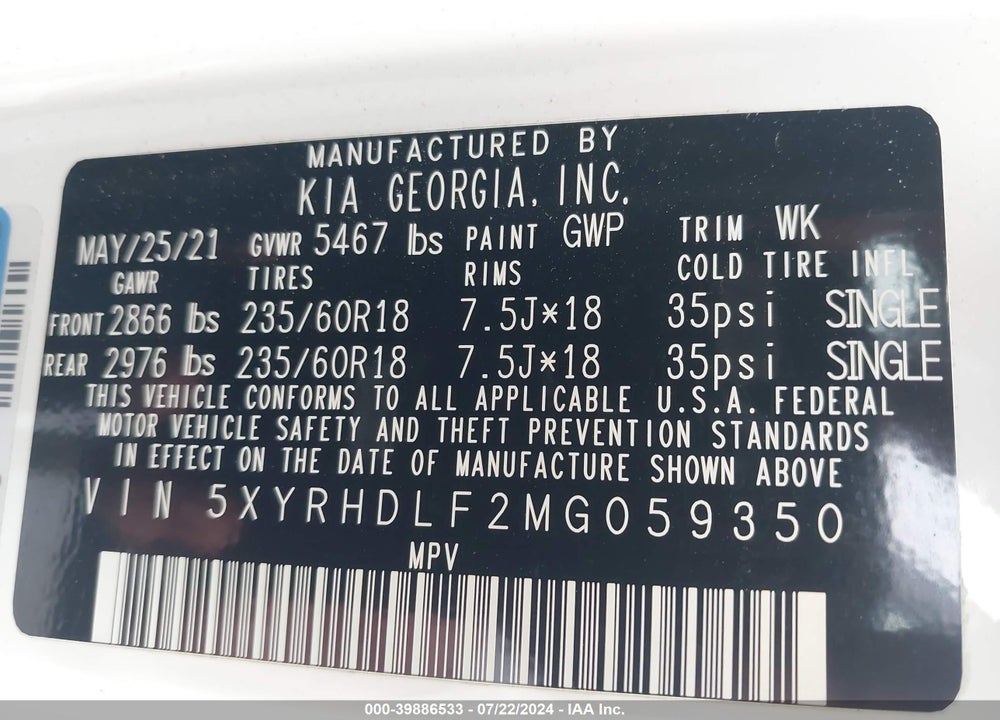 2021 KIA SORENTO EX VIN: 5XYRHDLF2MG059350