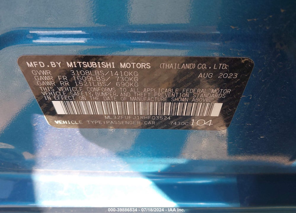 2024 MITSUBISHI MIRAGE G4 ES VIN: ML32FUFJ1RHF03524