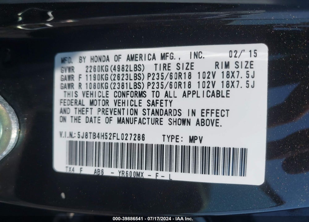 2015 ACURA RDX VIN: 5J8TB4H52FL027286