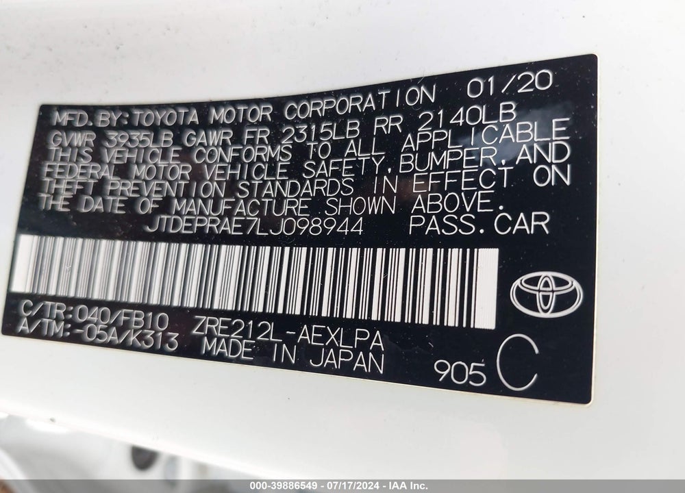 2020 TOYOTA COROLLA VIN: JTDEPRAE7LJ098944