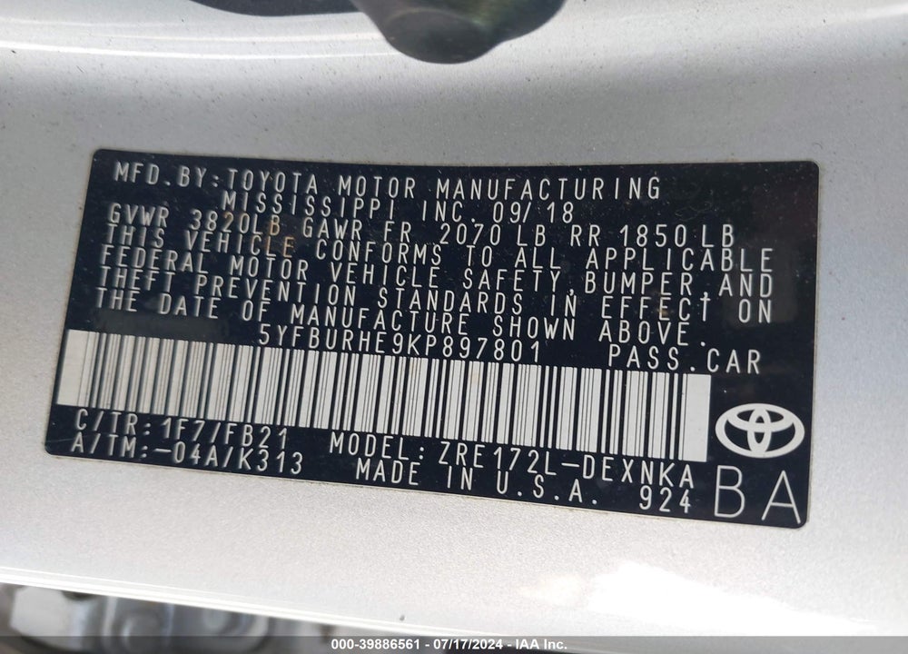 2019 TOYOTA COROLLA LE VIN: 5YFBURHE9KP897801