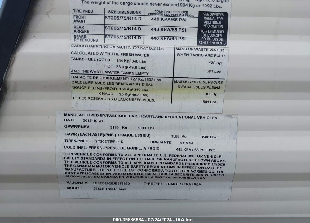 2018 HEARTLAND RV OTHER VIN: 5SFEB2928JE372820
