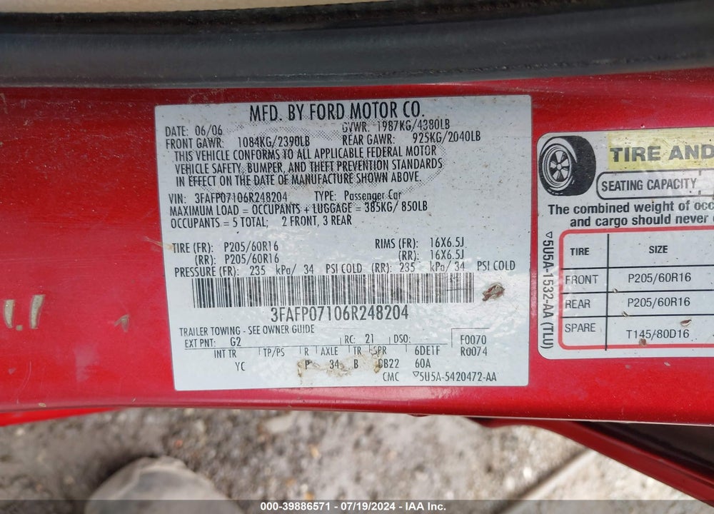 2006 FORD FUSION SE VIN: 3FAFP07106R248204