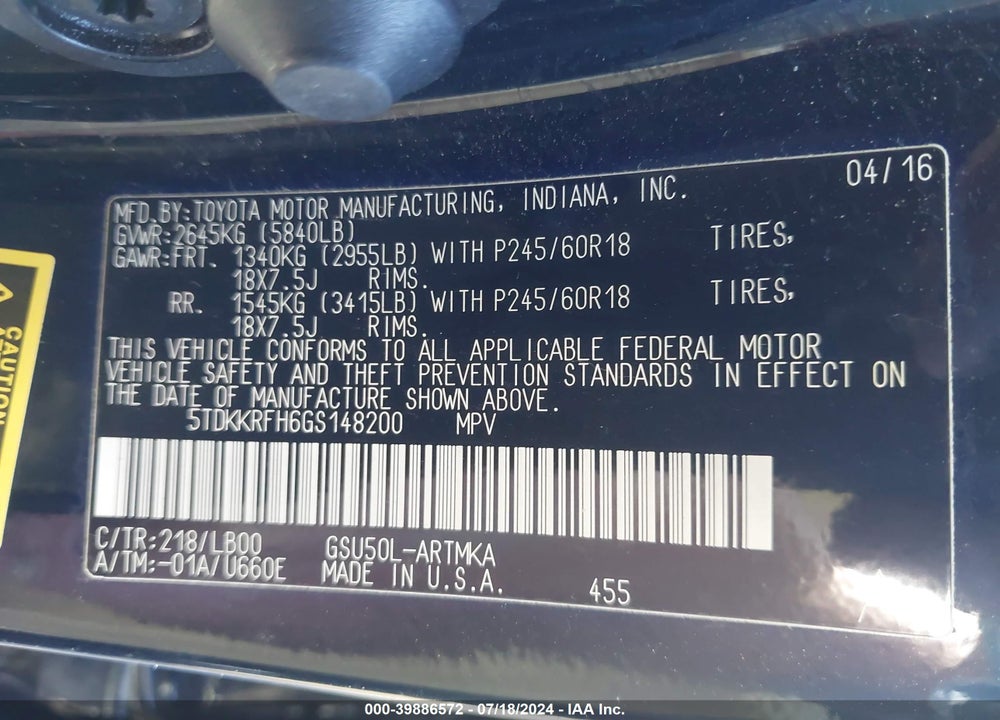 2016 TOYOTA HIGHLANDER XLE V6 VIN: 5TDKKRFH6GS148200