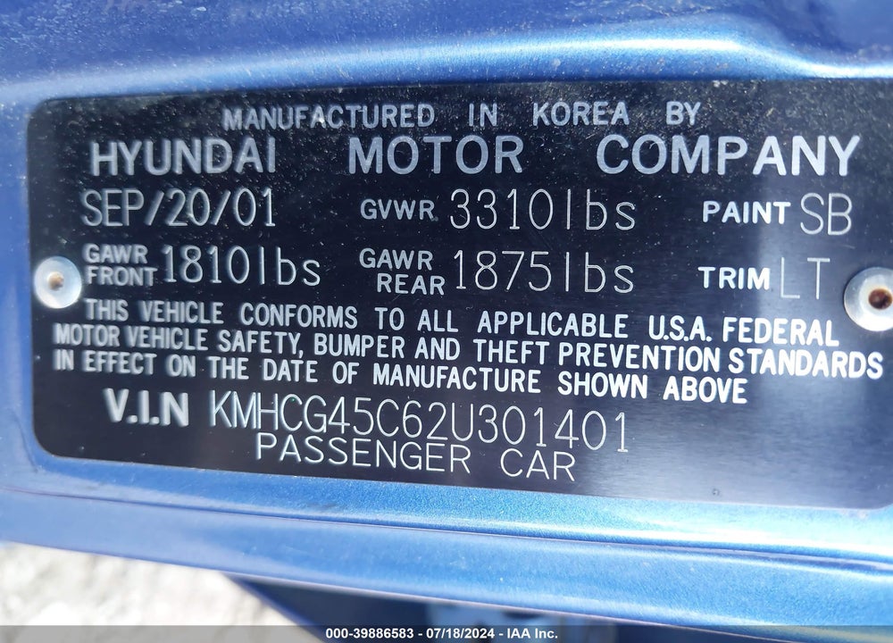 2002 HYUNDAI ACCENT GL VIN: KMHCG45C62U301401