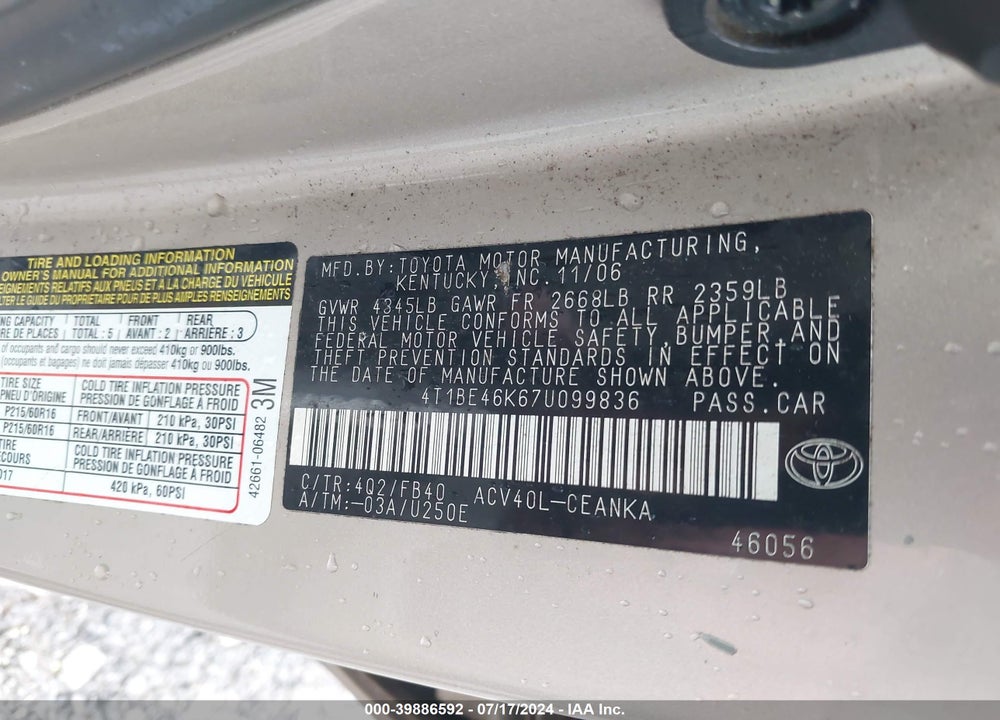 2007 TOYOTA CAMRY LE VIN: 4T1BE46K67U099836