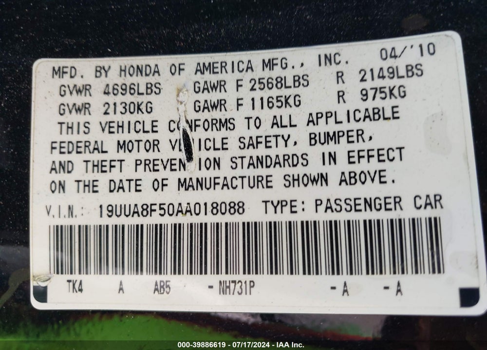 2010 ACURA TL 3.5 VIN: 19UUA8F50AA018088