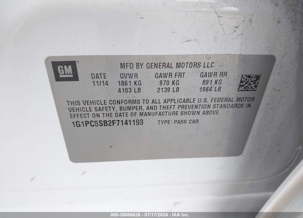 2015 CHEVROLET CRUZE 1LT AUTO VIN: 1G1PC5SB2F7141193