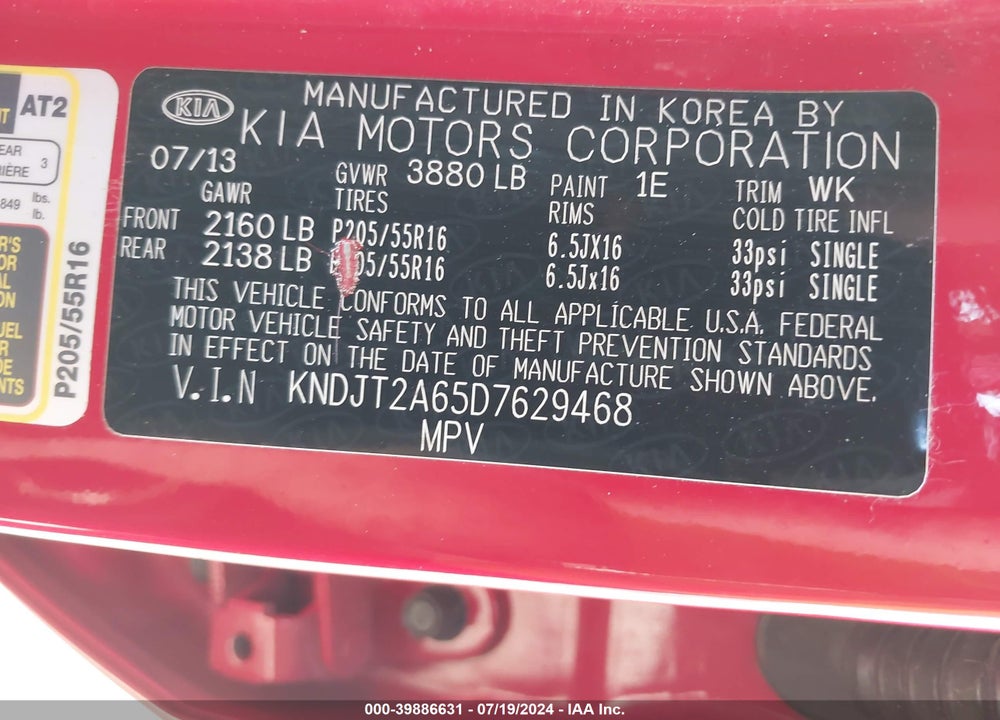 2013 KIA SOUL VIN: KNDJT2A65D7629468