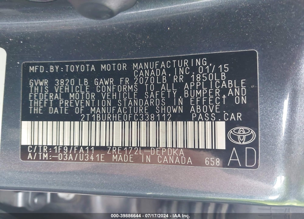 2015 TOYOTA COROLLA L VIN: 2T1BURHE0FC338112