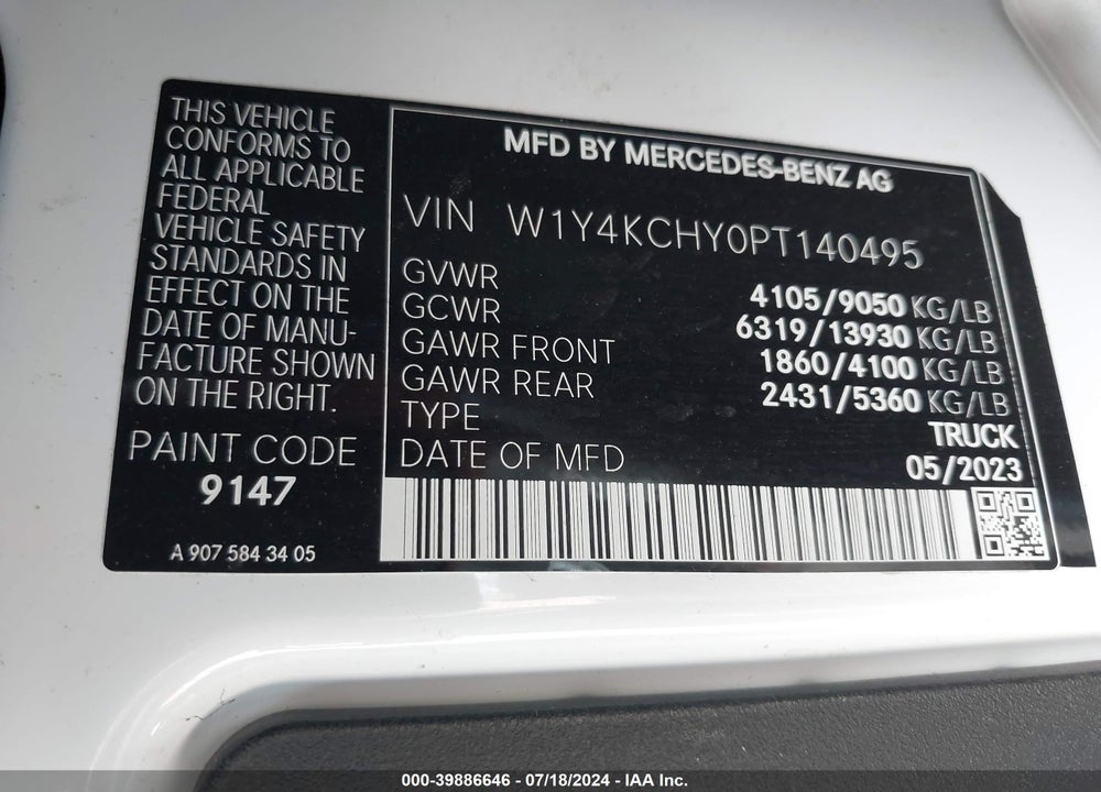 2023 MERCEDES-BENZ SPRINTER 2500 HIGH ROOF 4-CYL DIESEL VIN: W1Y4KCHY0PT140495