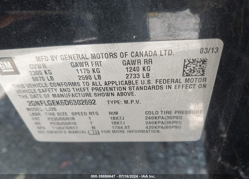 2013 CHEVROLET EQUINOX LTZ VIN: 2GNFLGEK6D6302692