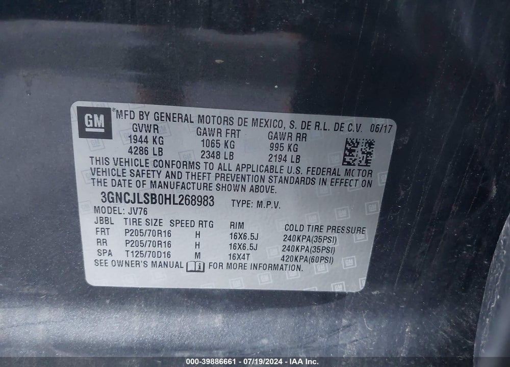 2017 CHEVROLET TRAX LT VIN: 3GNCJLSB0HL268983
