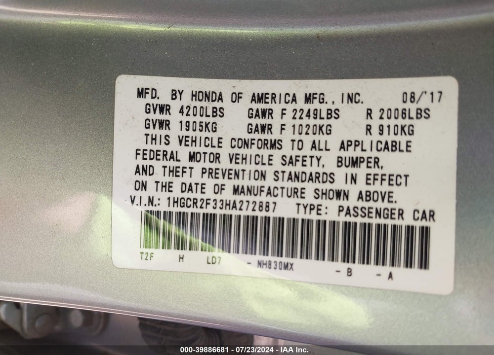 2017 HONDA ACCORD LX VIN: 1HGCR2F33HA272887
