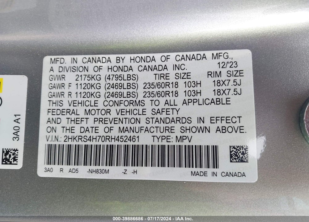2024 HONDA CR-V EX-L AWD VIN: 2HKRS4H70RH452461