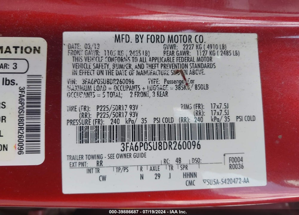 2013 FORD FUSION ENERGI TITANIUM VIN: 3FA6P0SU8DR260096