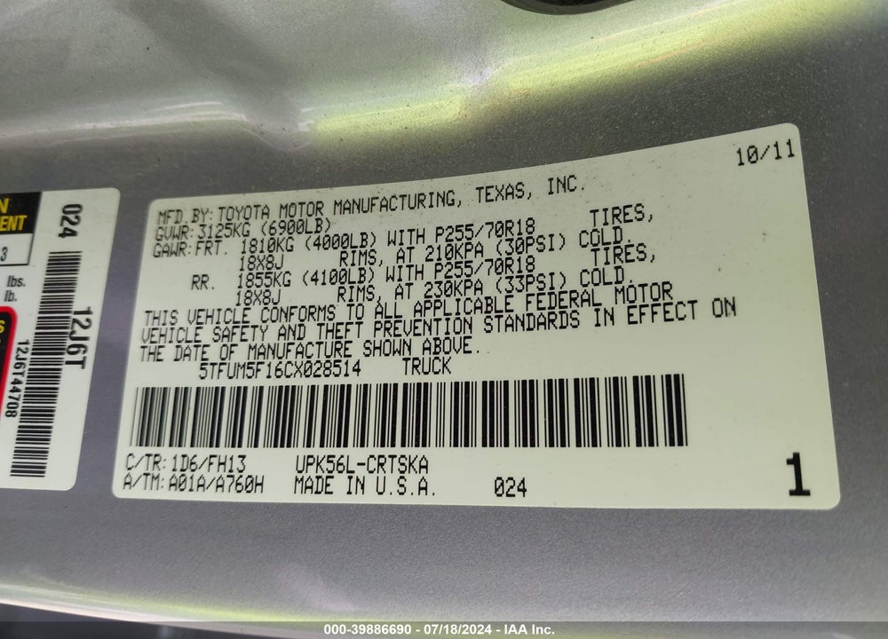 2012 TOYOTA TUNDRA GRADE 4.6L V8 VIN: 5TFUM5F16CX028514
