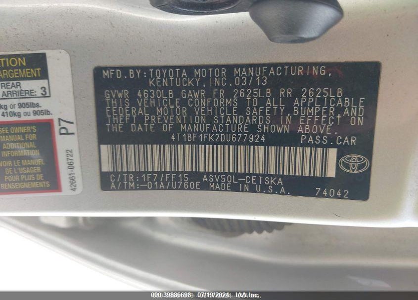 2013 TOYOTA CAMRY SE VIN: 4T1BF1FK2DU677924