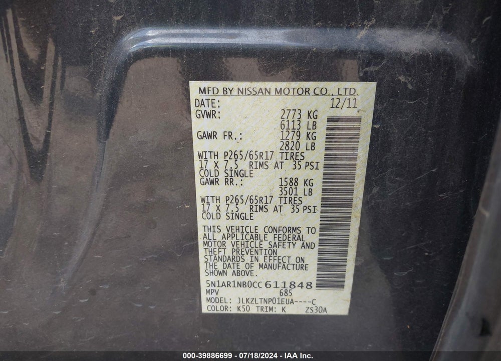 2012 NISSAN PATHFINDER SV VIN: 5N1AR1NB0CC611848