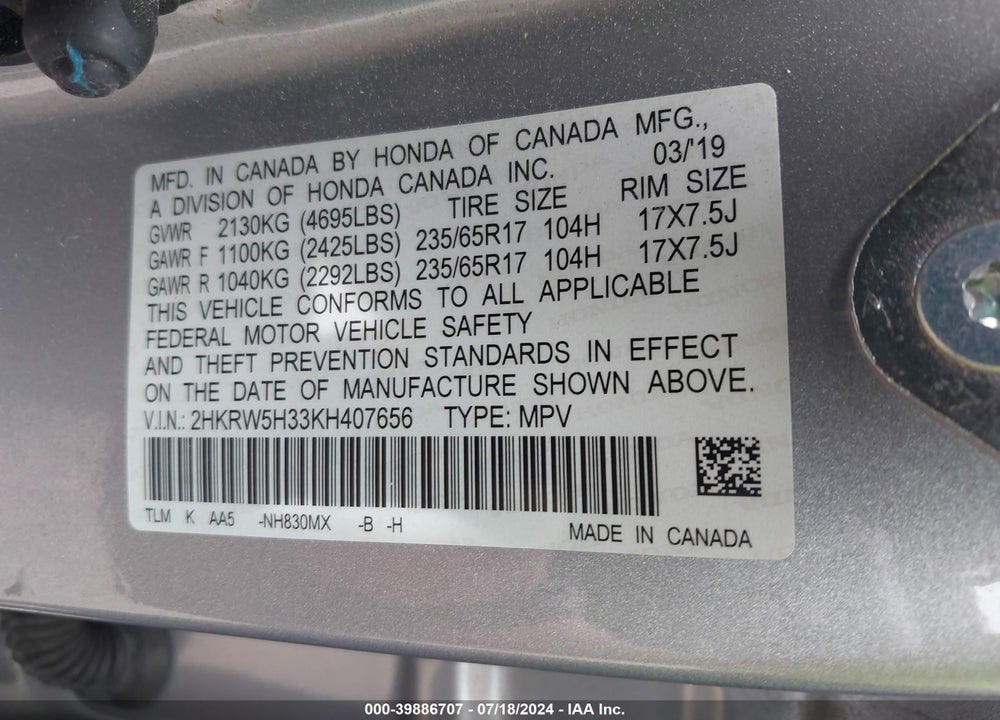 2019 HONDA CR-V VIN: 2HKRW5H33KH407656