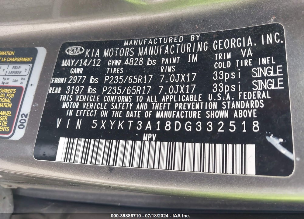 2013 KIA SORENTO LX VIN: 5XYKT3A18DG332518