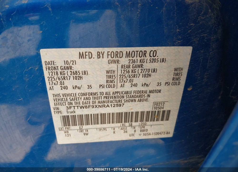 2022 FORD MAVERICK XL VIN: 3FTTW8F9XNRA12597