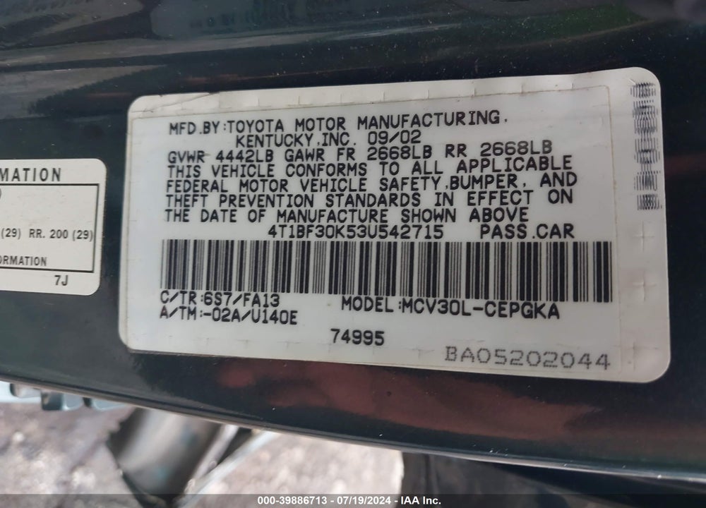 2003 TOYOTA CAMRY XLE V6 VIN: 4T1BF30K53U542715