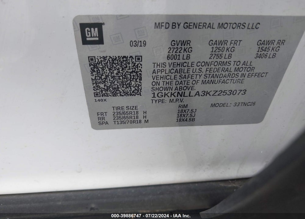 2019 GMC ACADIA SLE-2 VIN: 1GKKNLLA3KZ253073