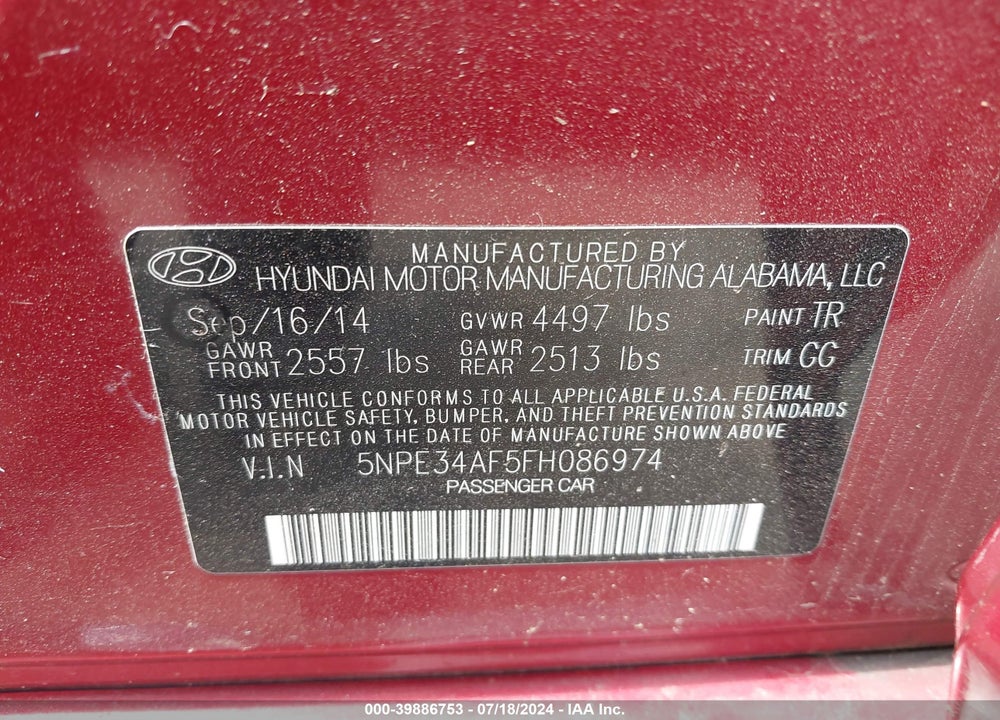 2015 HYUNDAI SONATA SPORT VIN: 5NPE34AF5FH086974