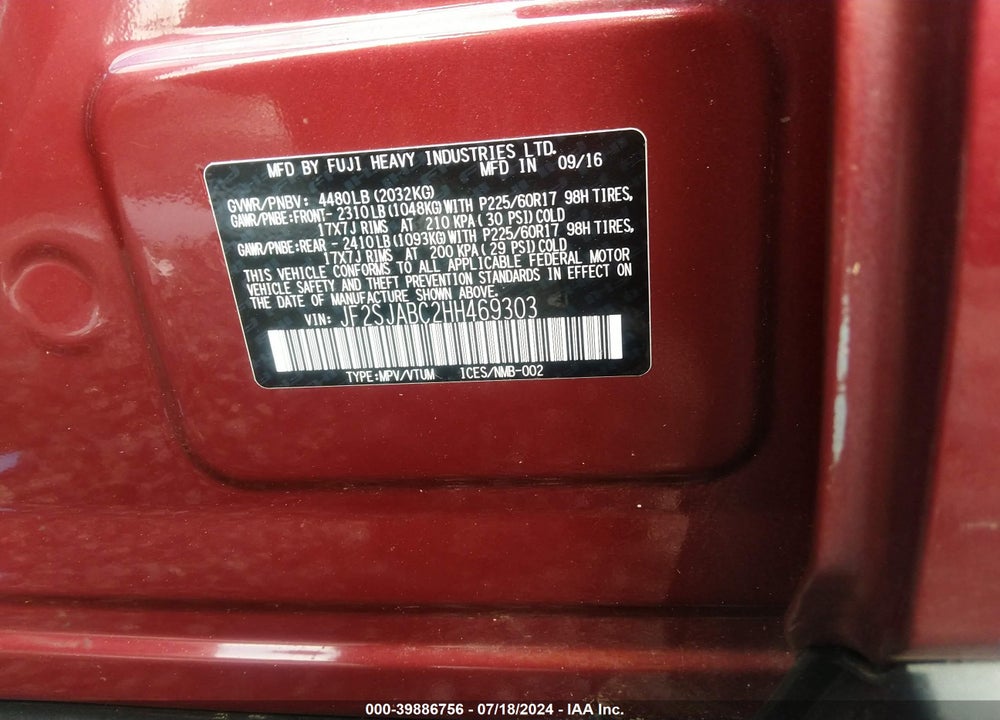 2017 SUBARU FORESTER 2.5I VIN: JF2SJABC2HH469303