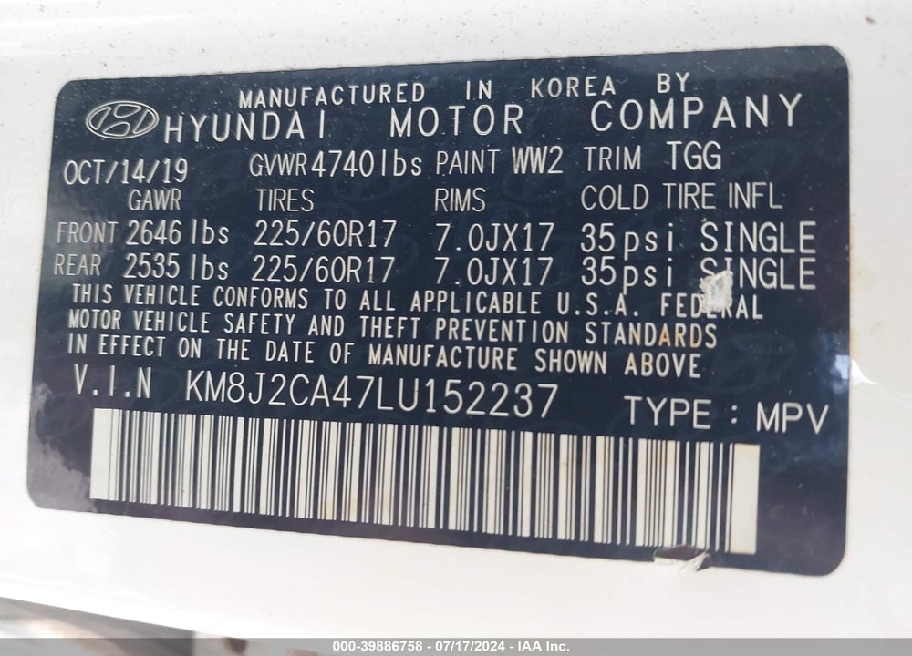 2020 HYUNDAI TUCSON SE VIN: KM8J2CA47LU152237