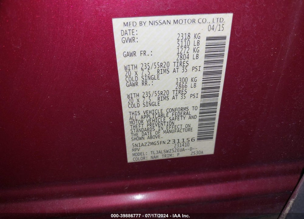 2015 NISSAN MURANO PLATINUM VIN: 5N1AZ2MG5FN231156