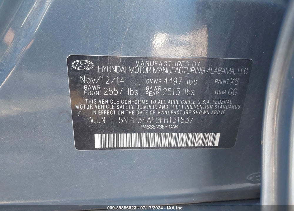 2015 HYUNDAI SONATA SPORT VIN: 5NPE34AF2FH131837