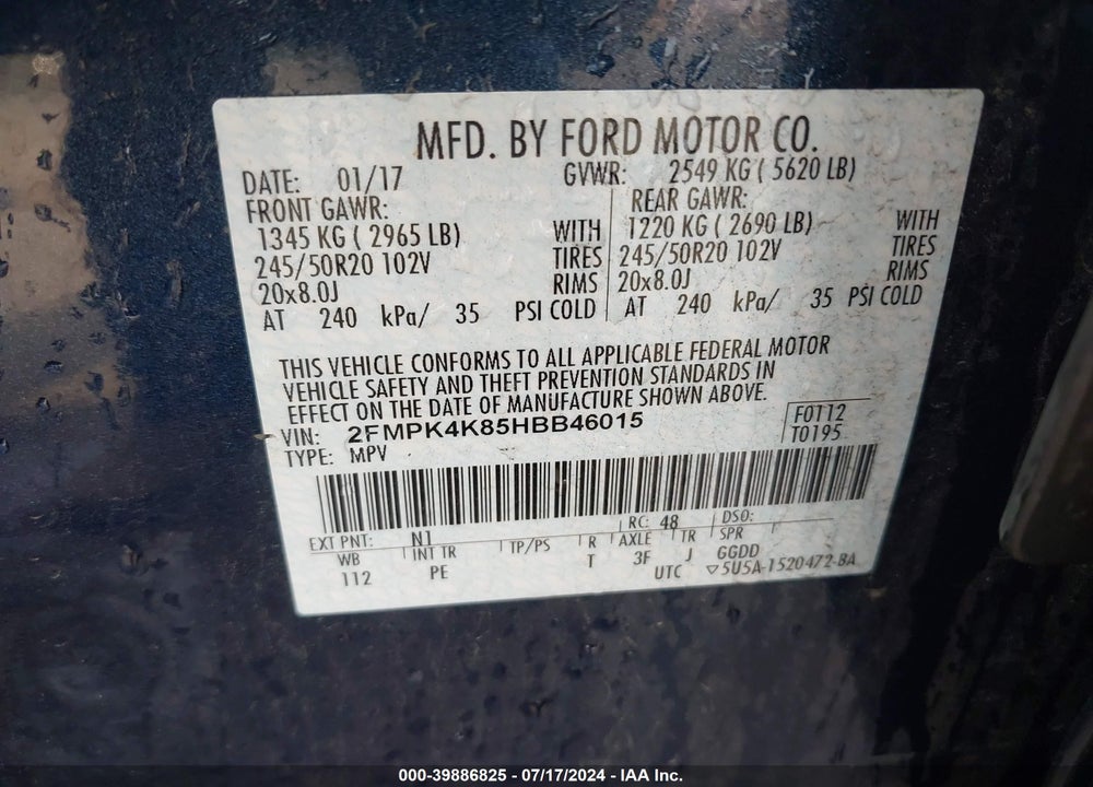 2017 FORD EDGE VIN: 2FMPK4K85HBB46015